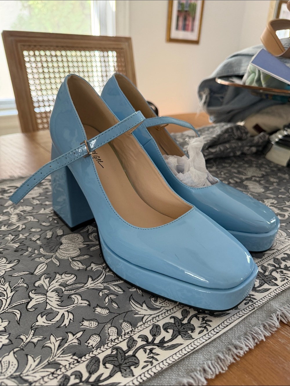Sky Blue Patent Mary Jane Block Heel Pumps